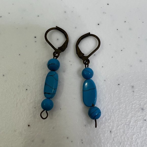Blue Beaded Earrings Faux Turquoise Gold Tone Boho Southwestern Native Look - Picture 1 of 4